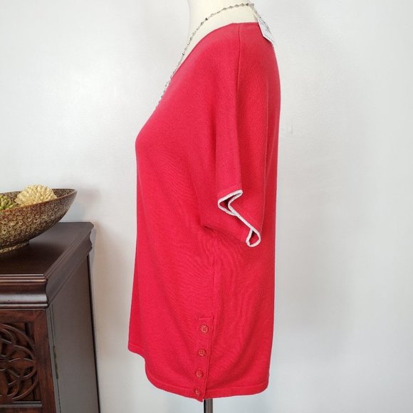 Westport Red With Silver Trim Knit Pullover Short Dolman Sleeve Top NEW Size XS - Picture 3 of 8